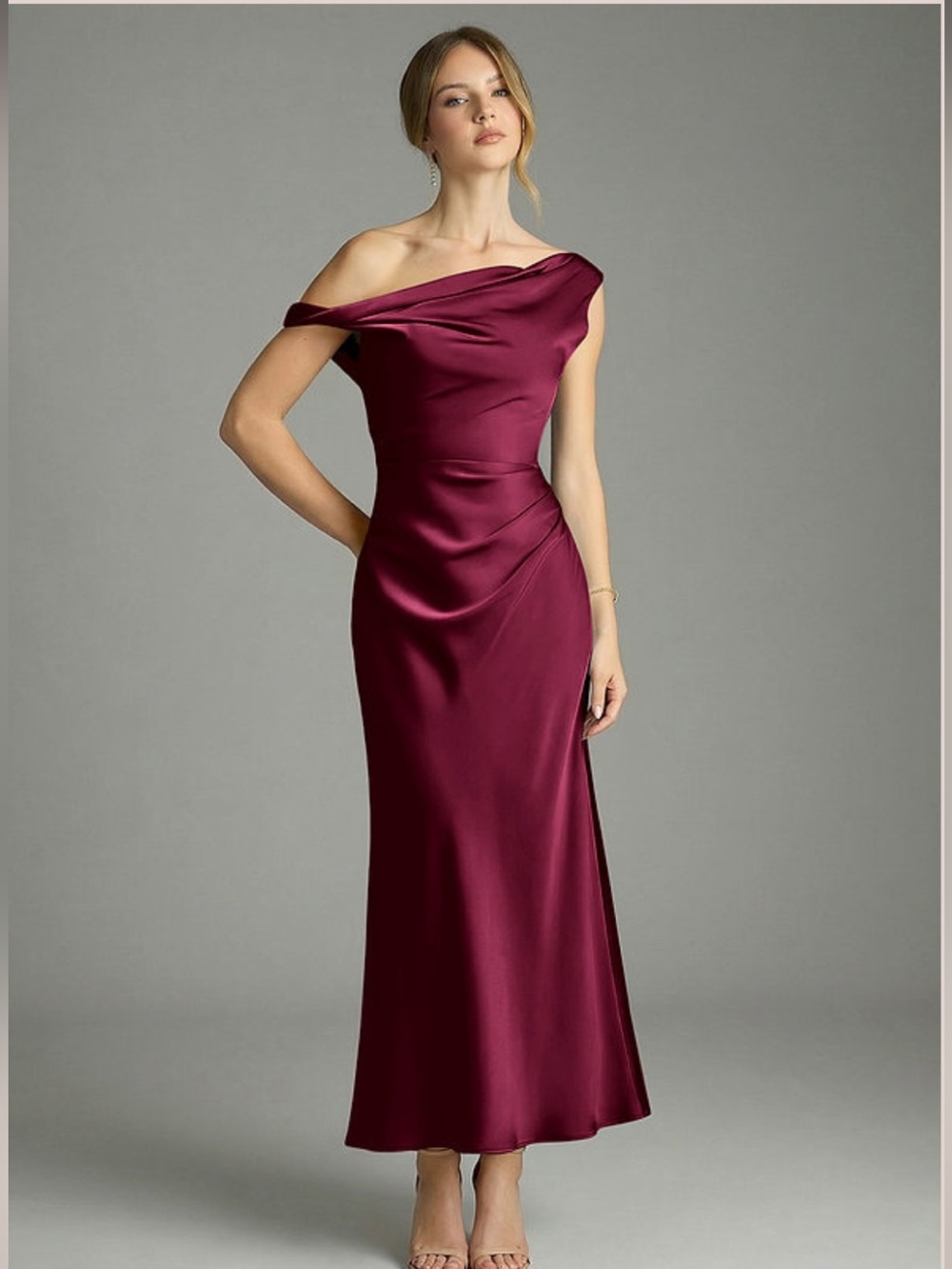 Azazie One-Shoulder Satin Gown in Burgundy